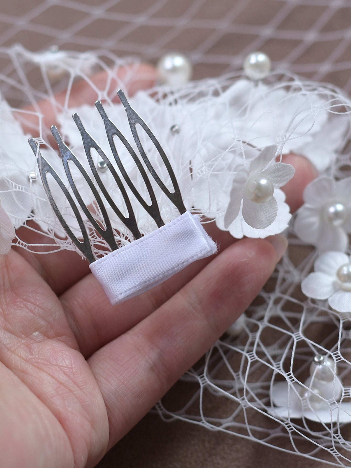 3D Flower Pearl Birdcage Bridal Veil With Comb - Bridella BVA22