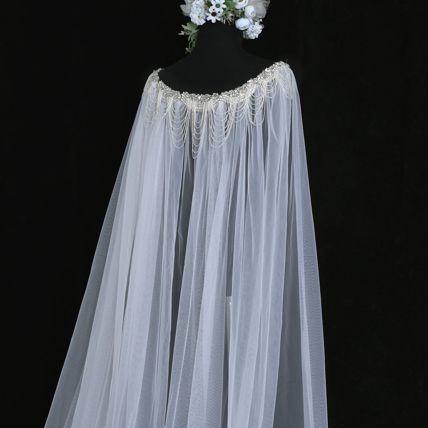 Luxury Crystal Beaded Extra Long Bridal Cape Veil - Bridella BVG47