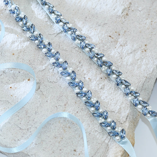 Light Blue Rhinestone Pearl Bridal Belt Wedding Sash – Bridella BS383QL