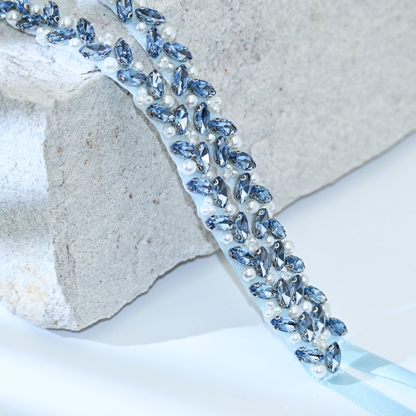 Light Blue Rhinestone Pearl Bridal Belt Wedding Sash – Bridella BS383QL