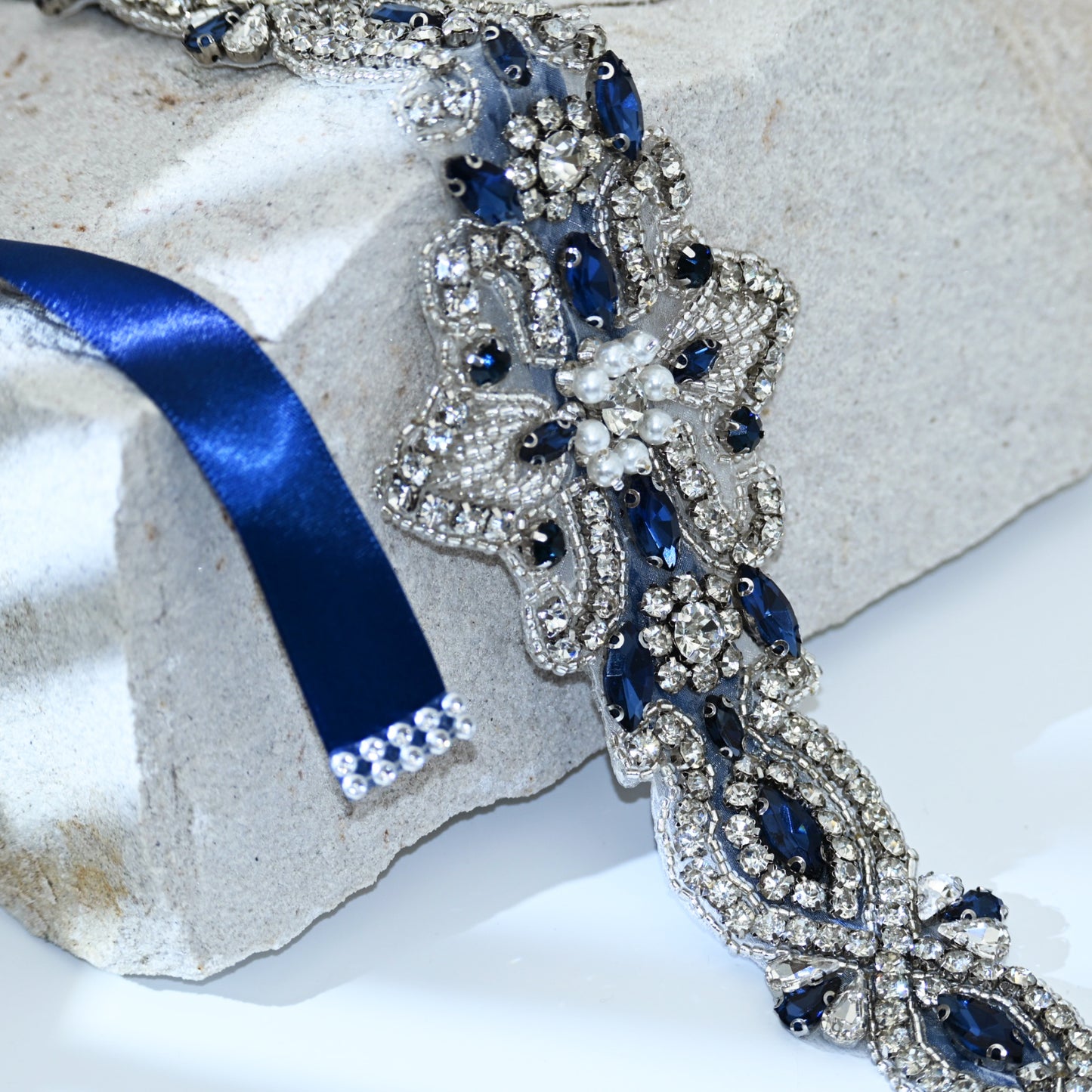 Navy Rhinestone Pearl Bridal Belt Crystal Wedding Sash BS245ML Bridella