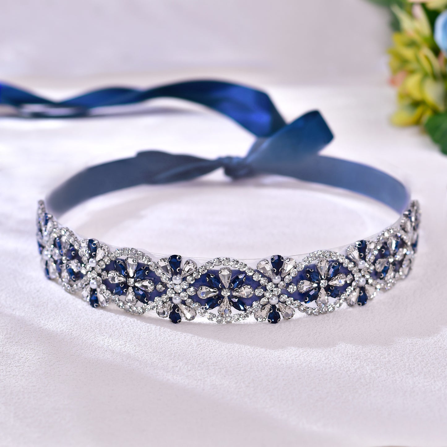 Navy Rhinestone Bridal Dress Belt for Wedding - Bridella BS453ML