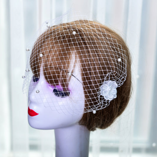 Pearl And Rhinestone Style Bridal Fishnet Veil Comb Style Women's Birdcage Veil Flower Blush Veil VA04-A
