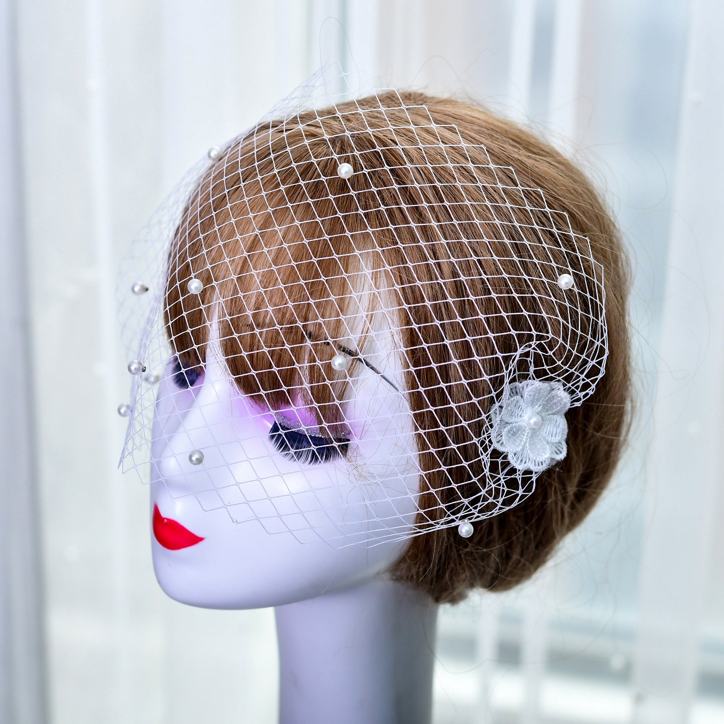 Pearl And Rhinestone Style Bridal Fishnet Veil Comb Style Women's Birdcage Veil Flower Blush Veil VA04-A
