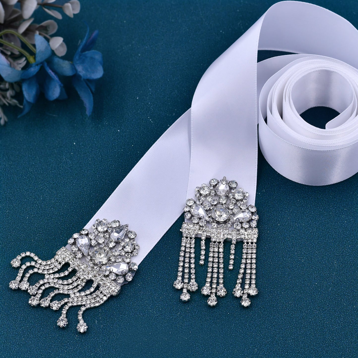 Daily Bridal Wedding Belt Silver Rhinestone Applique Sash for Women Gown Dress - Bridella S109