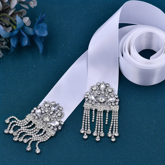 Daily Bridal Wedding Belt Silver Rhinestone Applique Sash for Women Gown Dress - Bridella S109