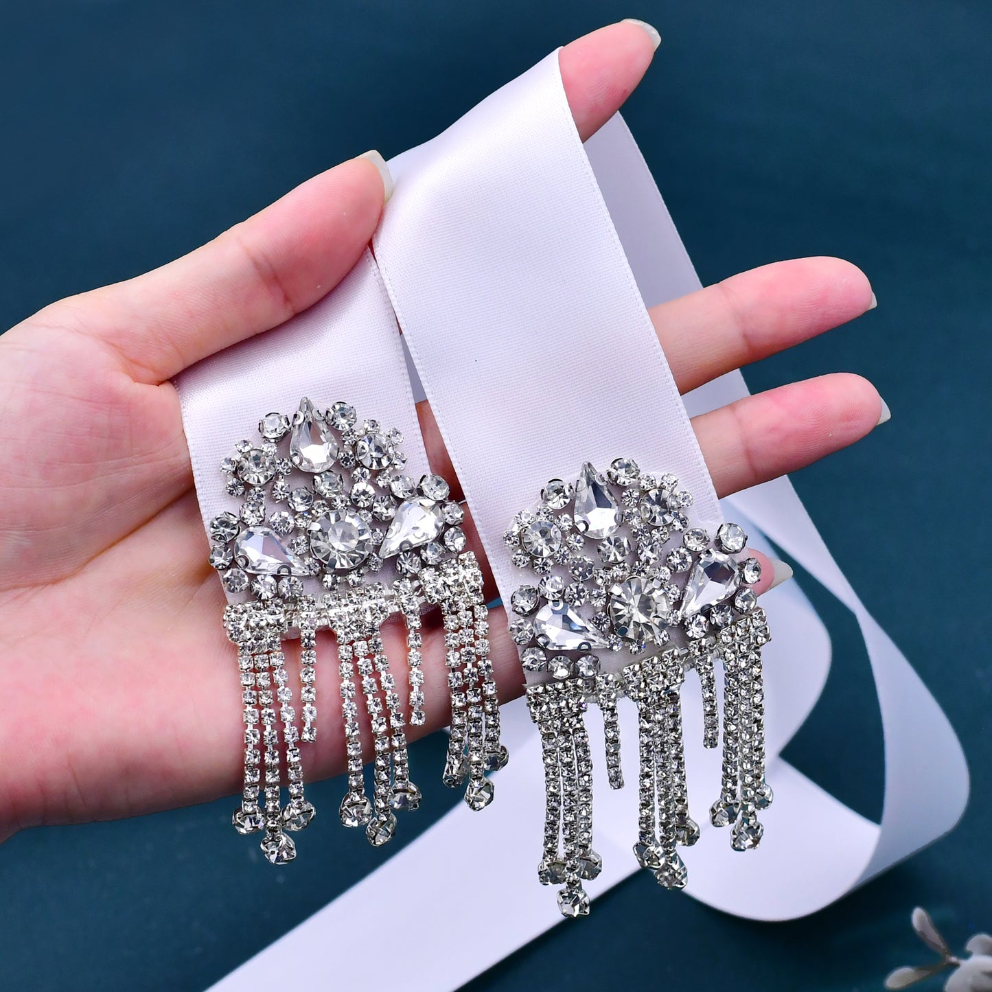 Daily Bridal Wedding Belt Silver Rhinestone Applique Sash for Women Gown Dress - Bridella S109