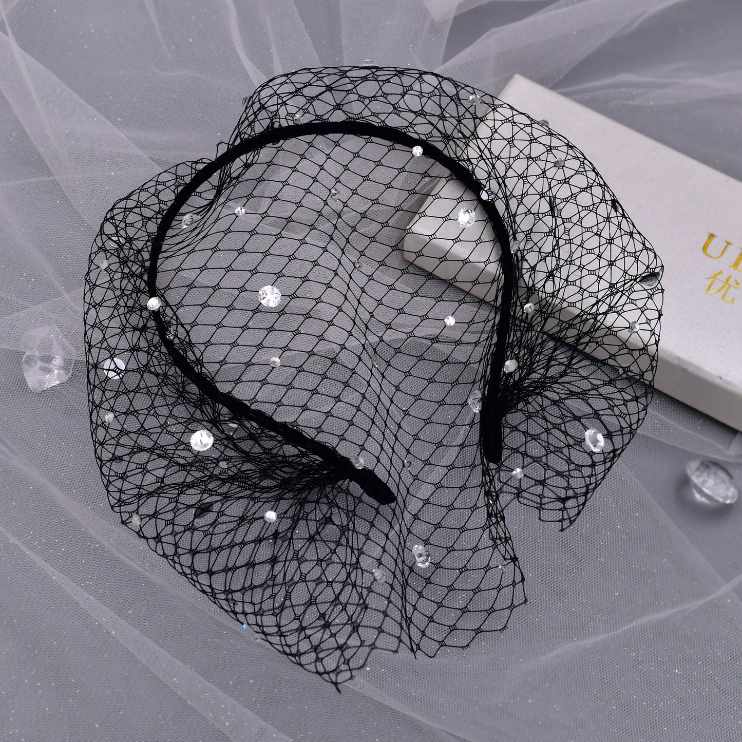 Elastic Birdcage Bridal Veil Headband Blusher Face Veil Wedding Hair Accessory Black White - Bridella BVA12-B