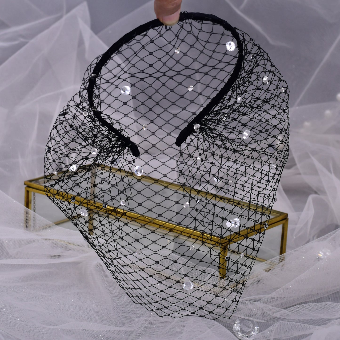 Elastic Birdcage Bridal Veil Headband Blusher Face Veil Wedding Hair Accessory Black White - Bridella BVA12-B