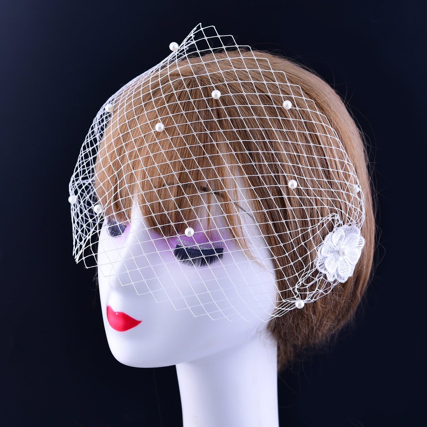 Pearl And Rhinestone Style Bridal Fishnet Veil Comb Style Women's Birdcage Veil Flower Blush Veil VA04-A