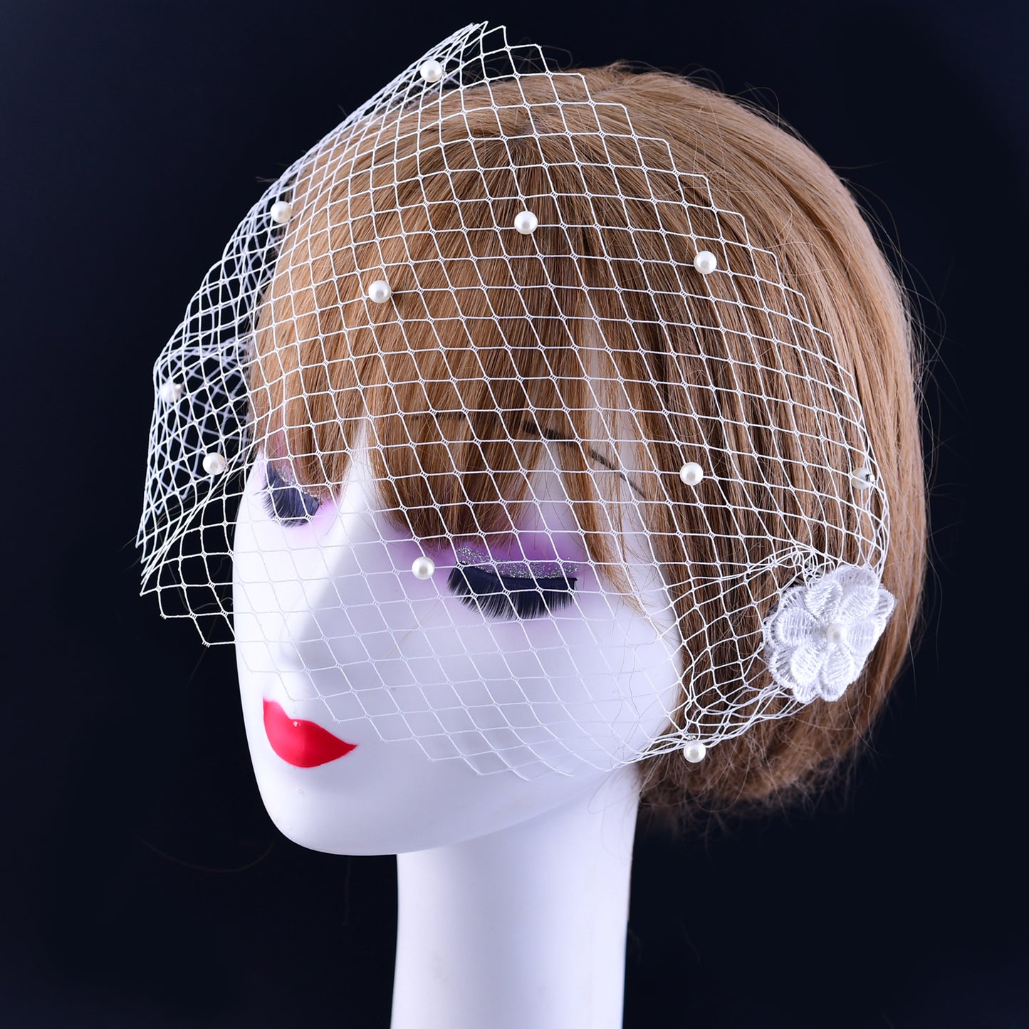 Pearl And Rhinestone Style Bridal Fishnet Veil Comb Style Women's Birdcage Veil Flower Blush Veil VA04-A
