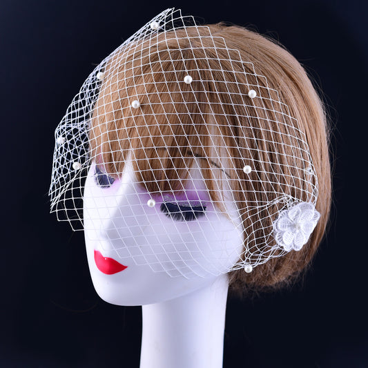 Pearl And Rhinestone Style Bridal Fishnet Veil Comb Style Women's Birdcage Veil Flower Blush Veil VA04-A