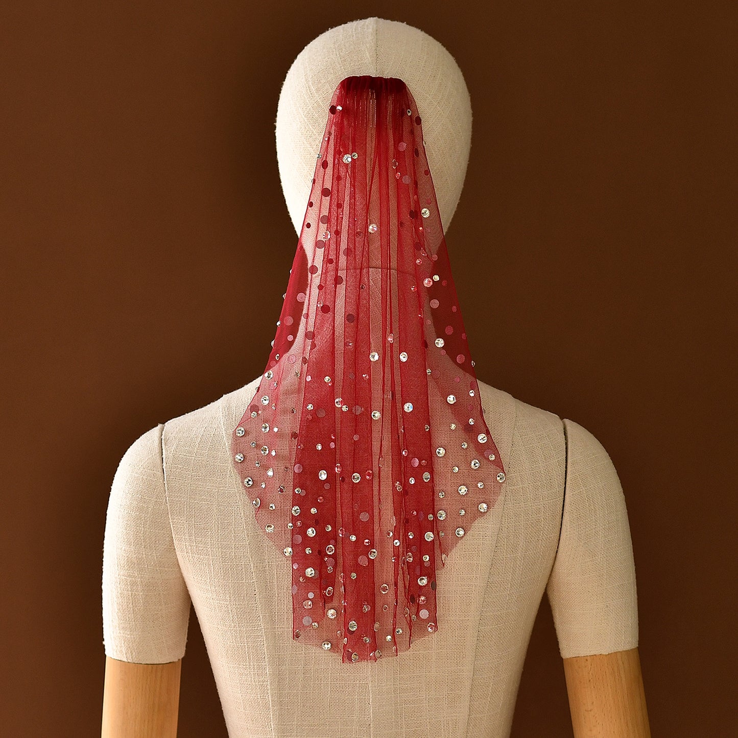 Burgundy Rhinestone Bridal Blusher Veil Mini Wedding Veil With Comb - Bridella BMA07-R