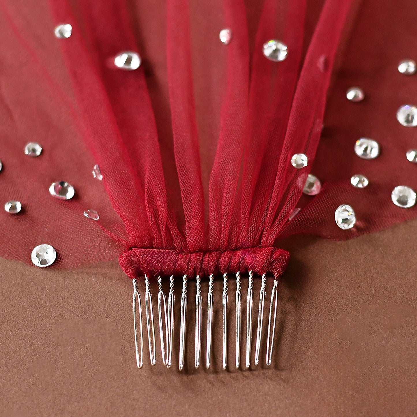 Burgundy Rhinestone Bridal Blusher Veil Mini Wedding Veil With Comb - Bridella BMA07-R