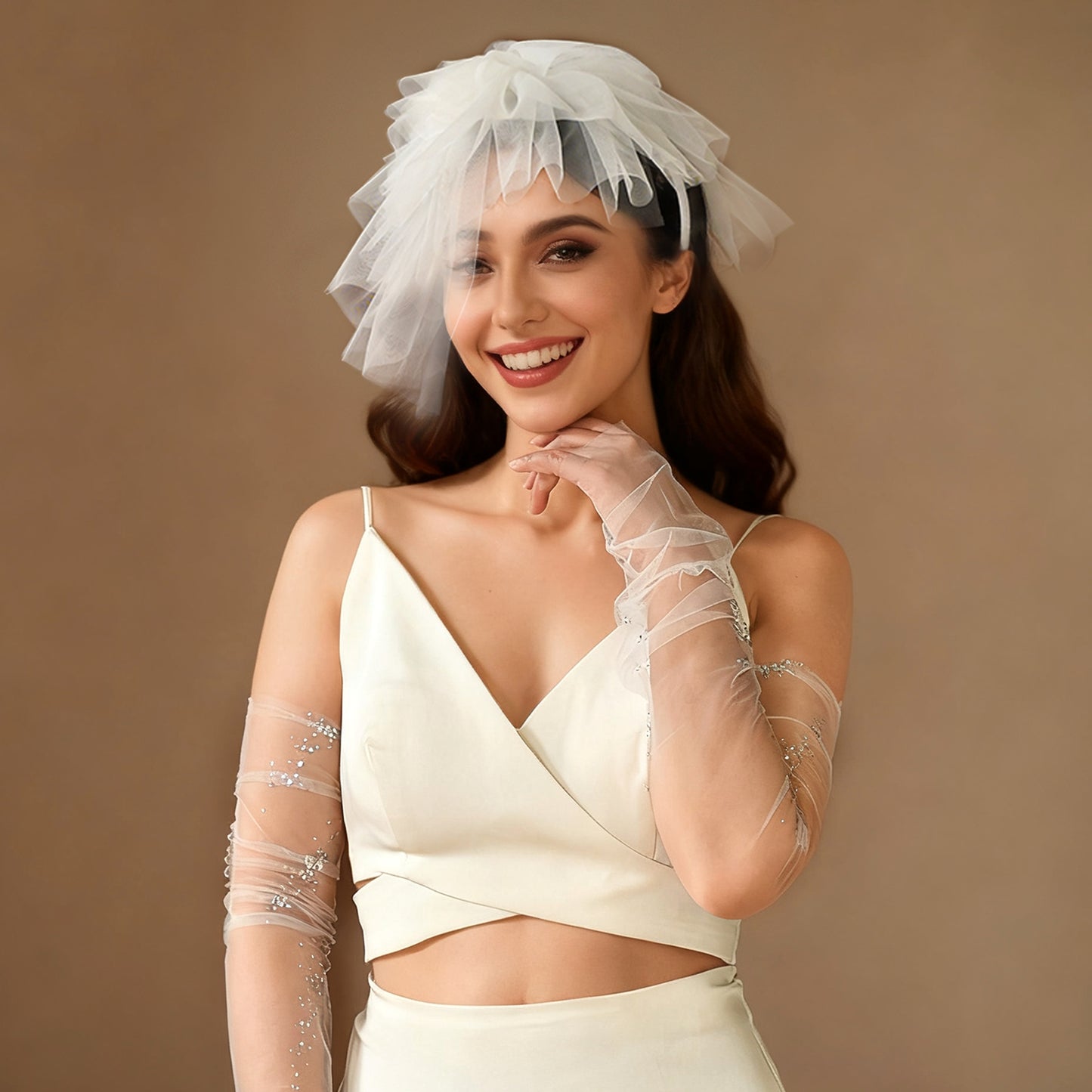 Floral Bridal Blusher Veil Multi Layer Wedding Headband Short Veil White - Bridella BMA01-I