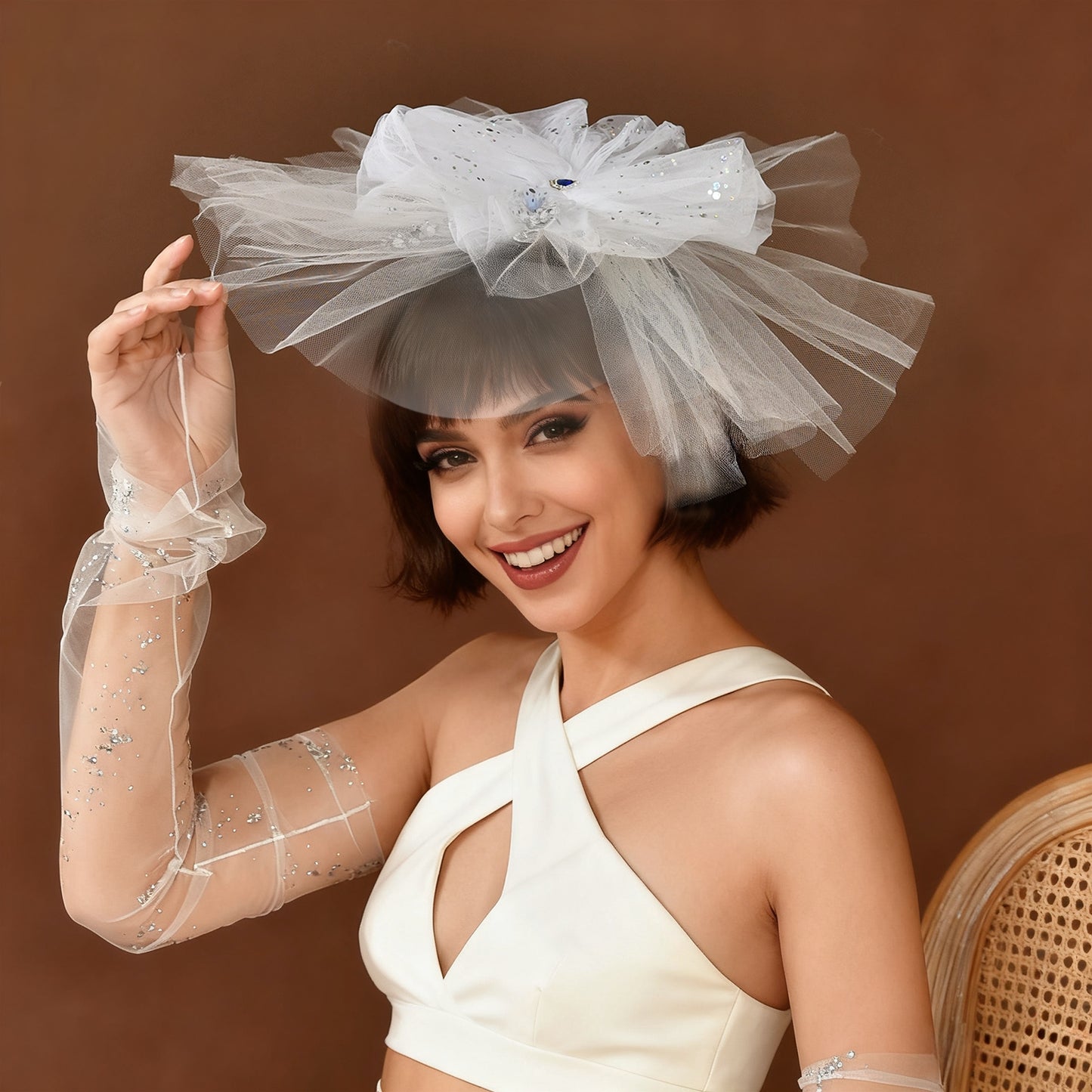 Floral Bridal Blusher Veil Two Layer Sequined Wedding Headband Hair Accessory - Bridella BMA04