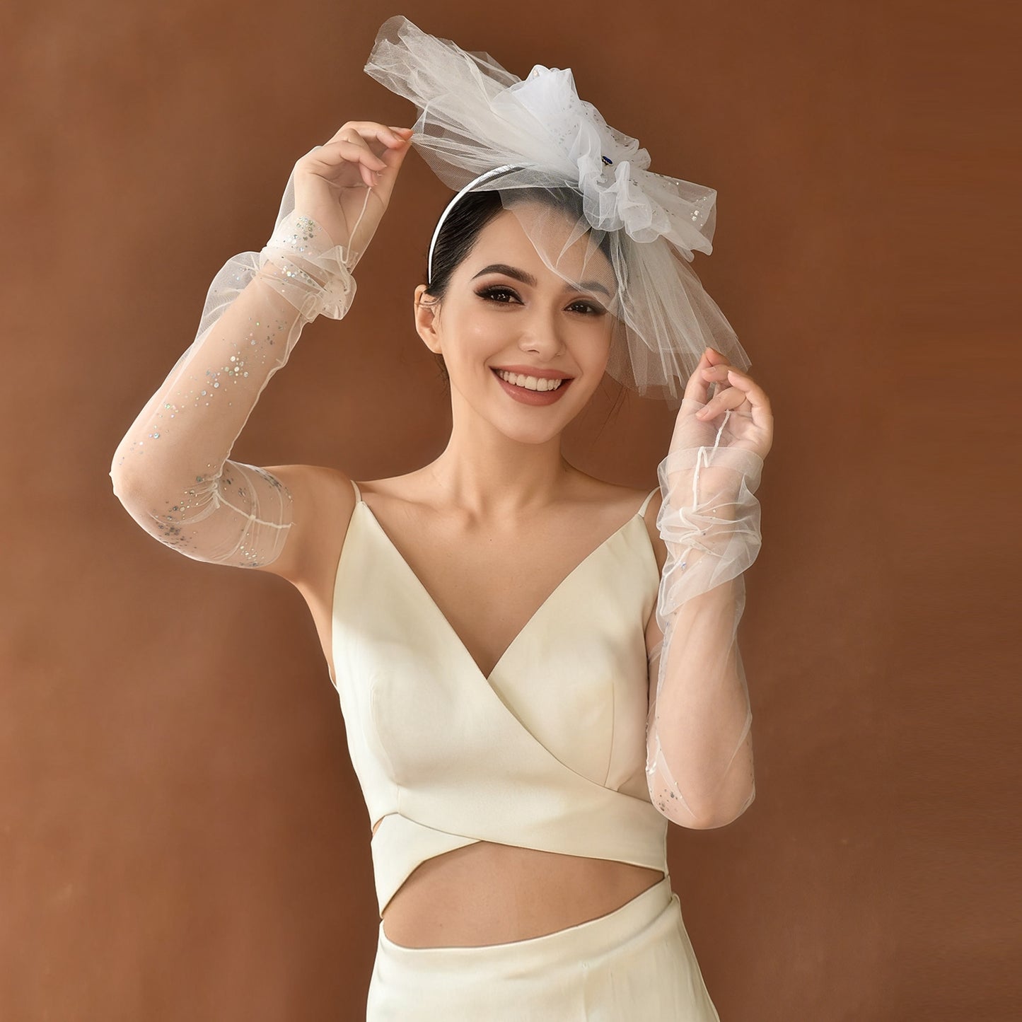 Floral Bridal Blusher Veil Two Layer Sequined Wedding Headband Hair Accessory - Bridella BMA04