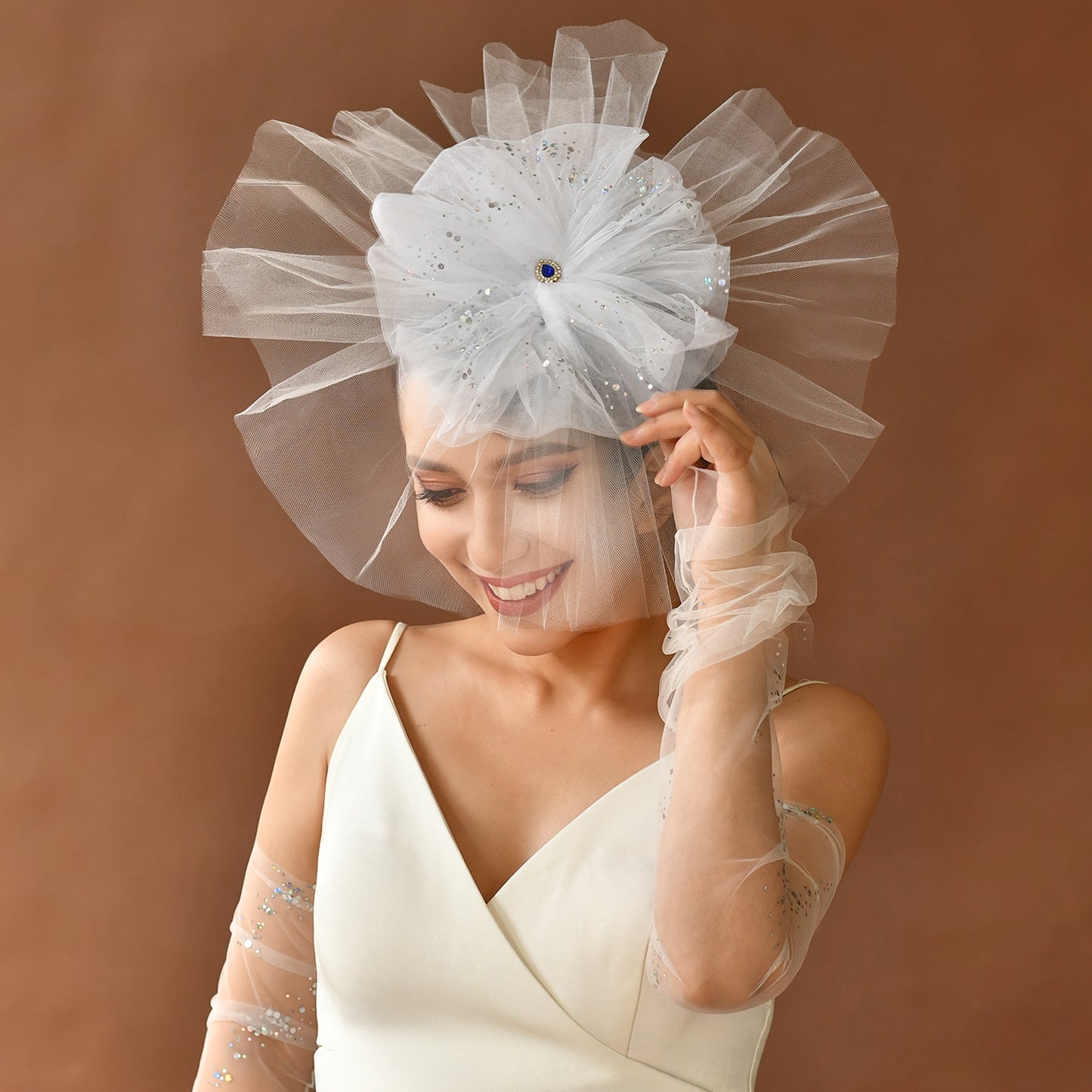 Floral Bridal Blusher Veil Two Layer Sequined Wedding Headband Hair Accessory - Bridella BMA04