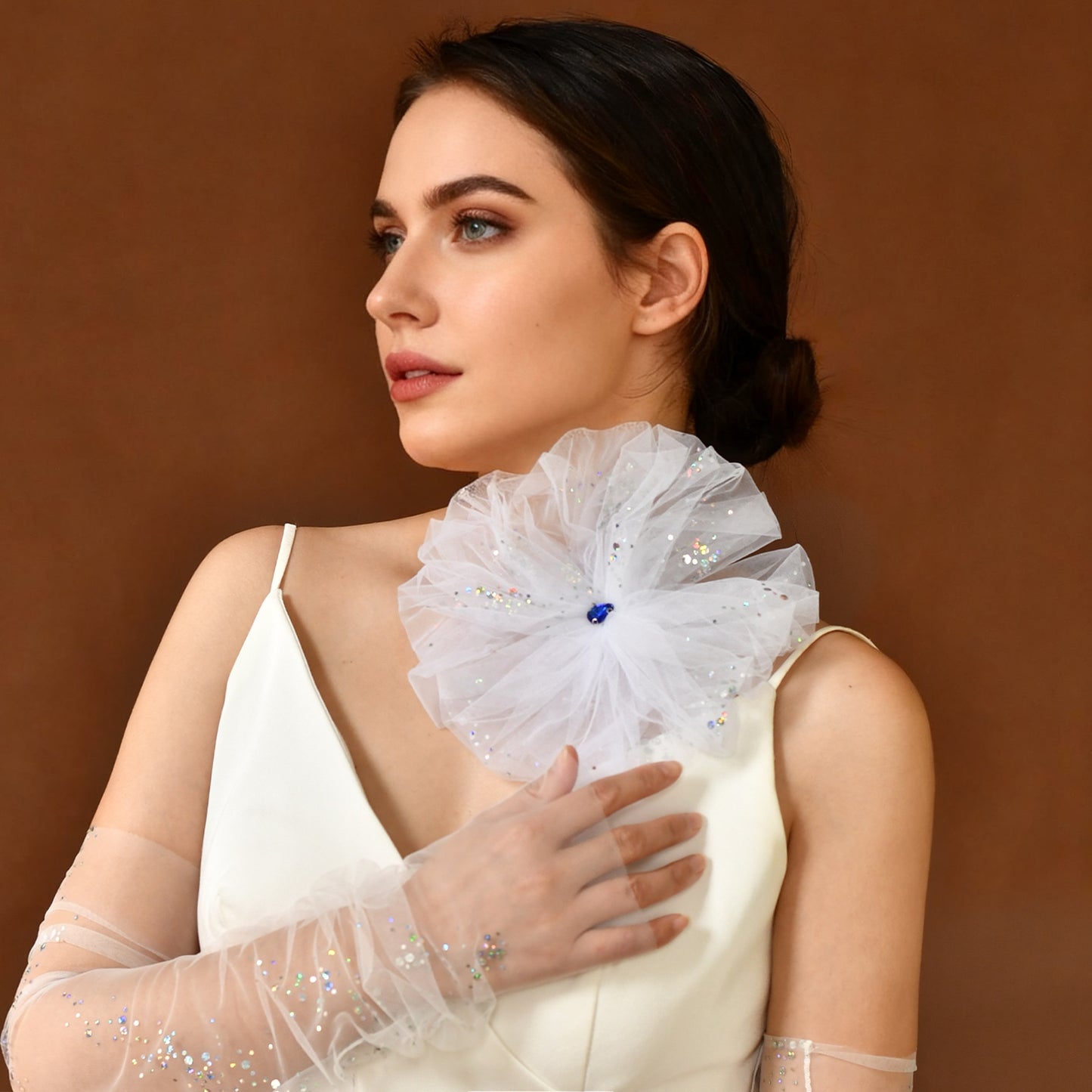 White Flower Bridal Necklace Sequined Wedding Dress Decoration Accessory - Bridella BMA03