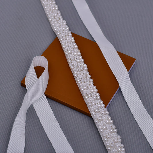 Pearl Beaded Bridal Belt, Ivory Wedding Sash with Satin Ribbon, Elegant Waist Belt for Wedding Dress - Bridella BS204