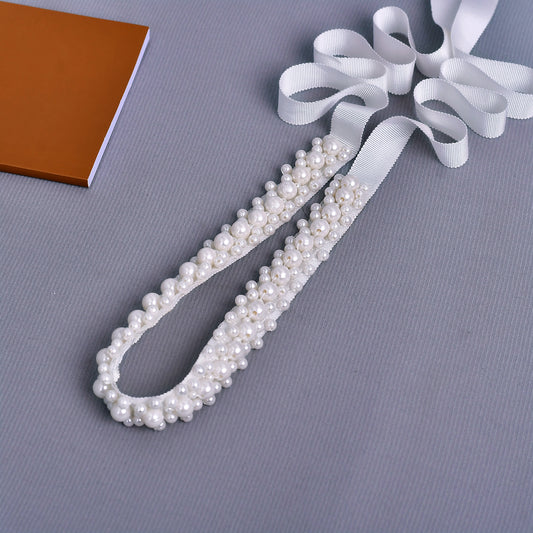 Bridella Ivory Pearl Bridal Belt with Bow, Elegant Beaded Wedding Sash-BS184