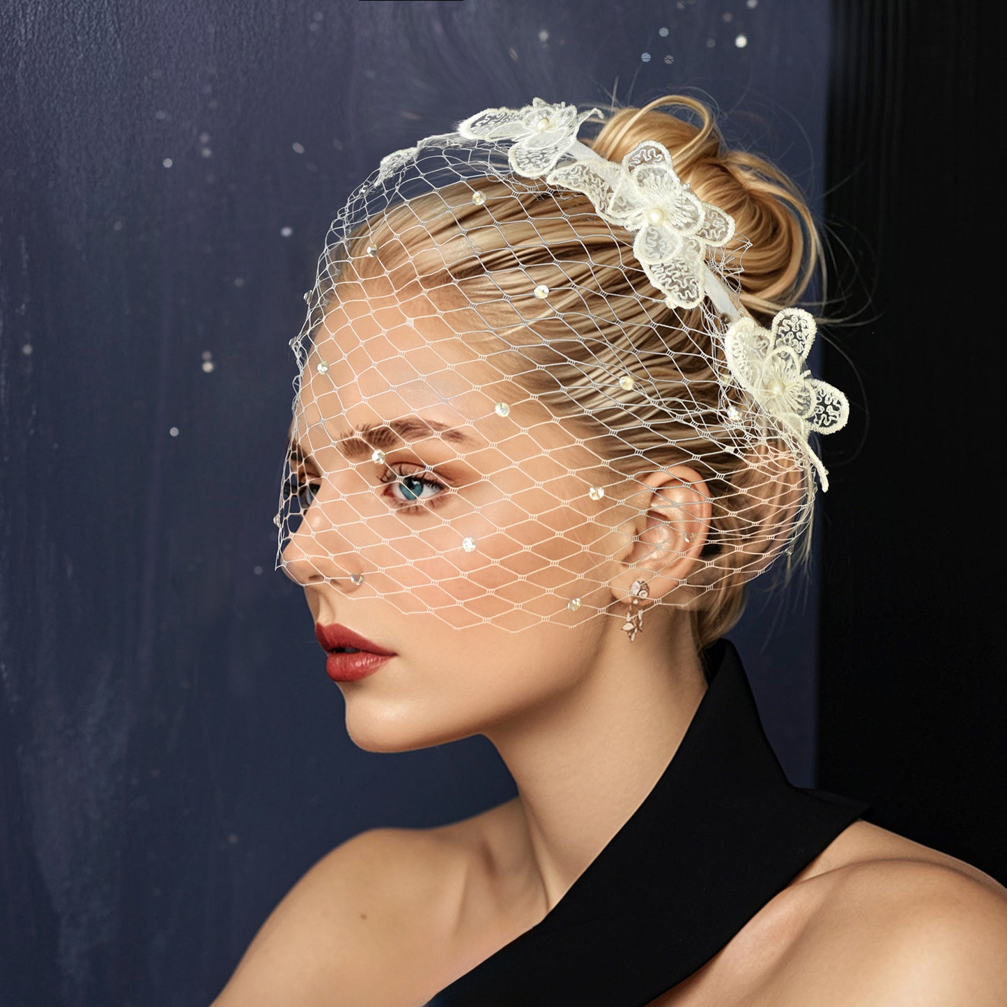 Rhinestone Lace Birdcage Bridal Veil Headband - Bridella BMA27