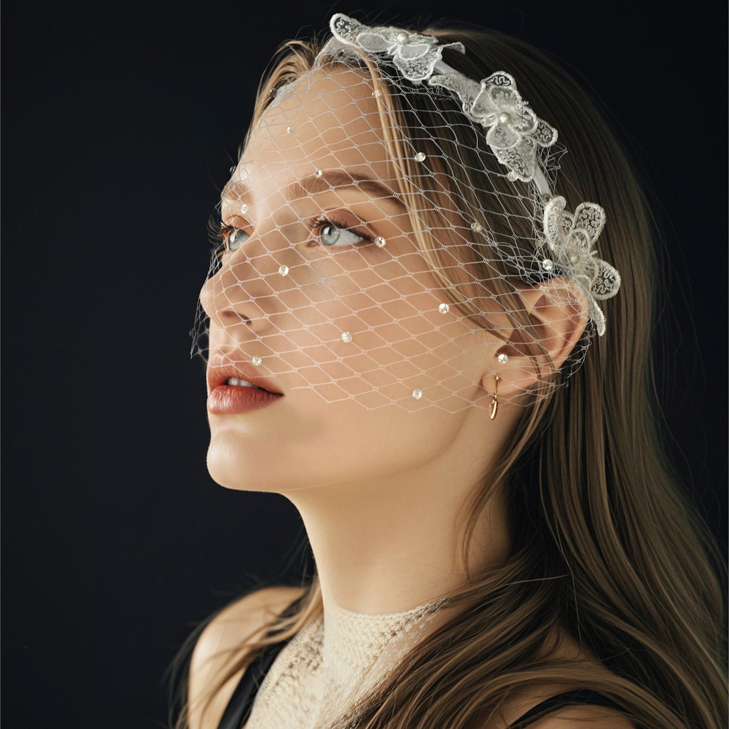 Rhinestone Lace Birdcage Bridal Veil Headband - Bridella BMA27