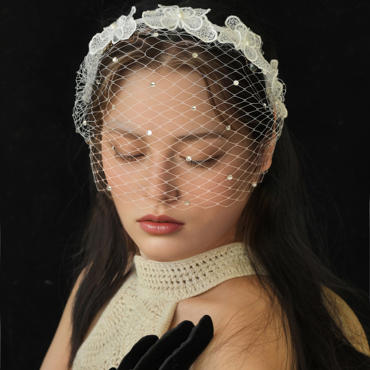 Rhinestone Lace Birdcage Bridal Veil Headband - Bridella BMA27