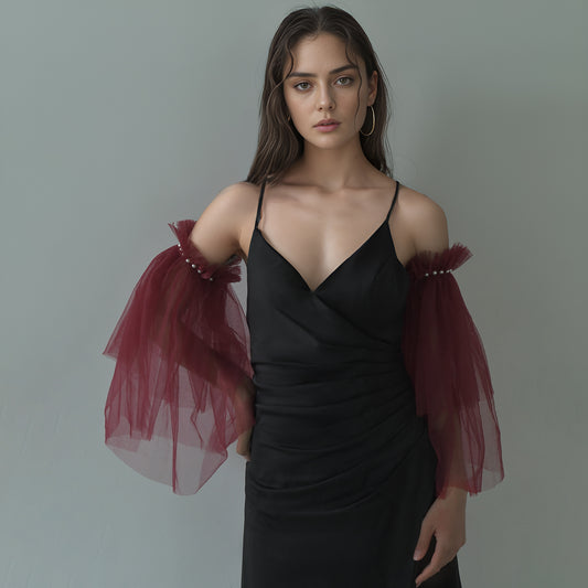 Burgundy Fingerless Bridal Gloves Pearl Sleeve Wedding Party Prom Gloves - Bridella BMM20A