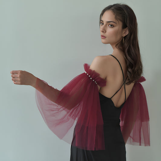 Burgundy Fingerless Bridal Gloves Pearl Sleeve Wedding Party Prom Gloves - Bridella BMM20A