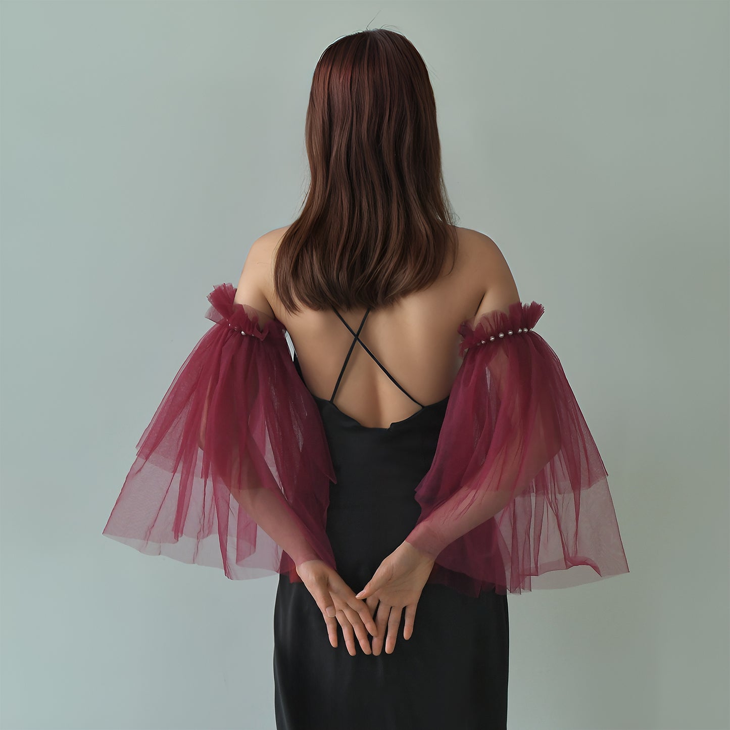 Burgundy Fingerless Bridal Gloves Pearl Sleeve Wedding Party Prom Gloves - Bridella BMM20A