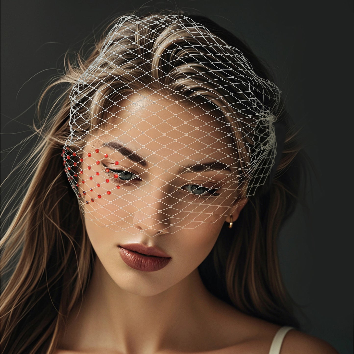 Red Rhinestone Birdcage Bridal Veil Wedding Veil - Bridella BMA39