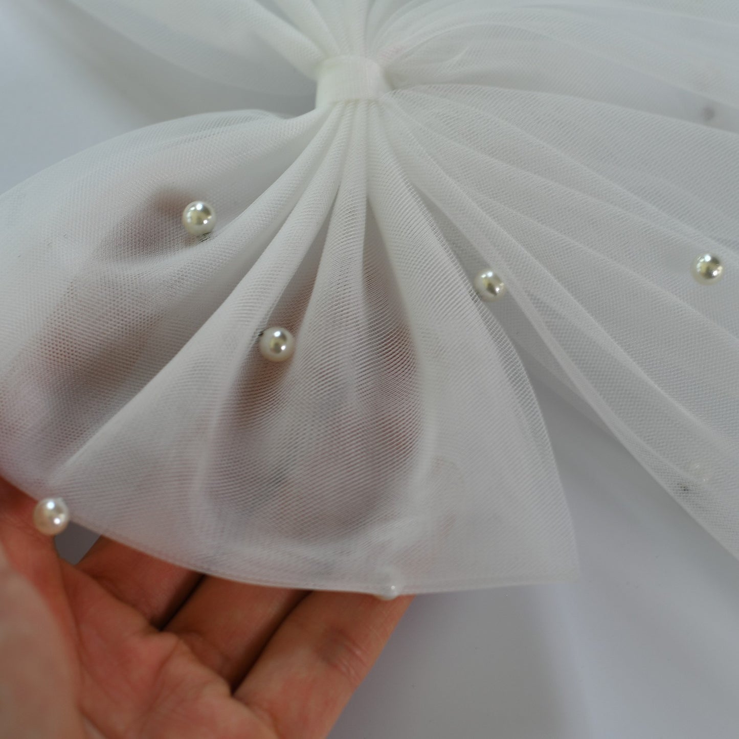 BRIDELLA BV04A Pearl Bow Bridal Veil Beaded Cream White Soft Yarn Wedding Party Hair Accessories