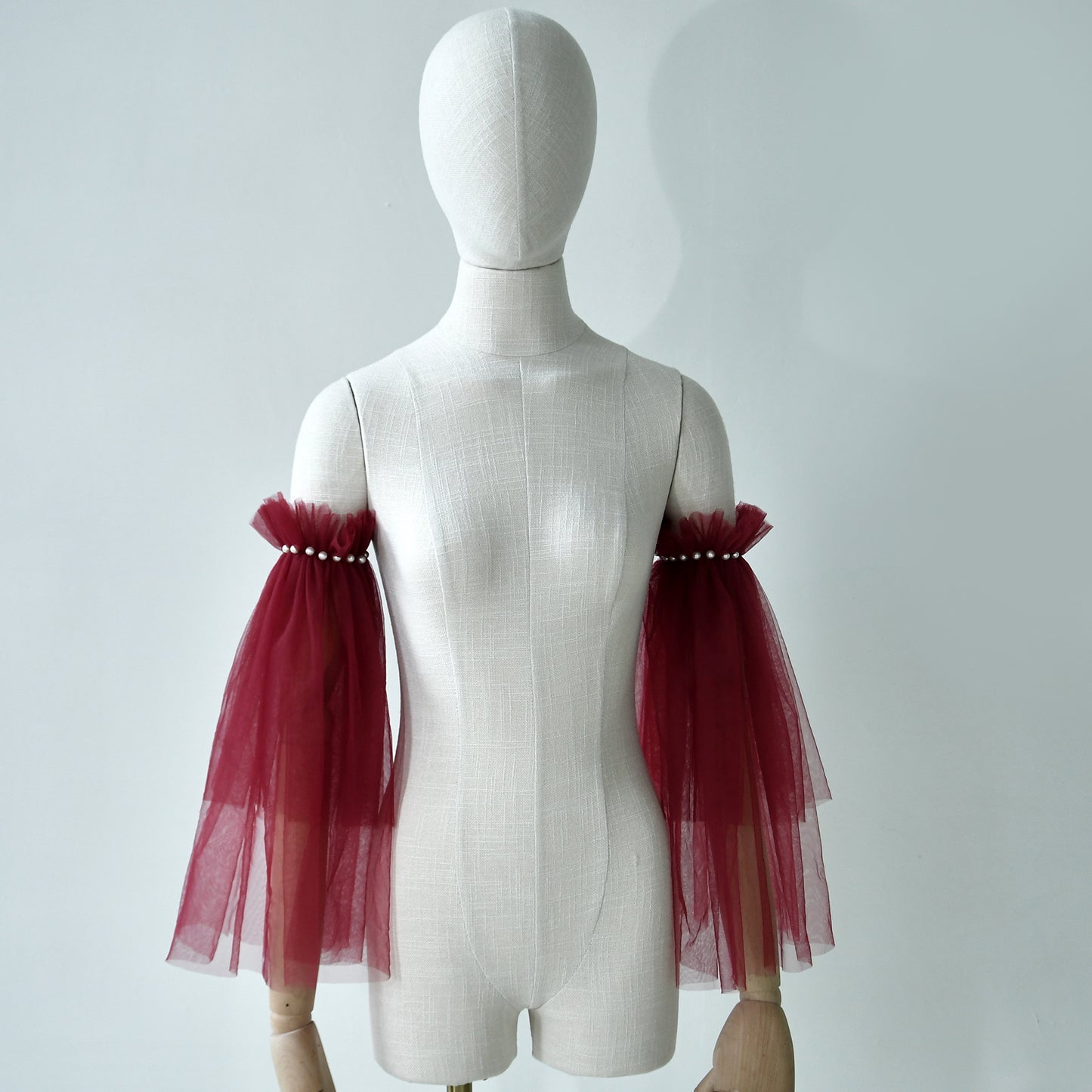 Burgundy Fingerless Bridal Gloves Pearl Sleeve Wedding Party Prom Gloves - Bridella BMM20A