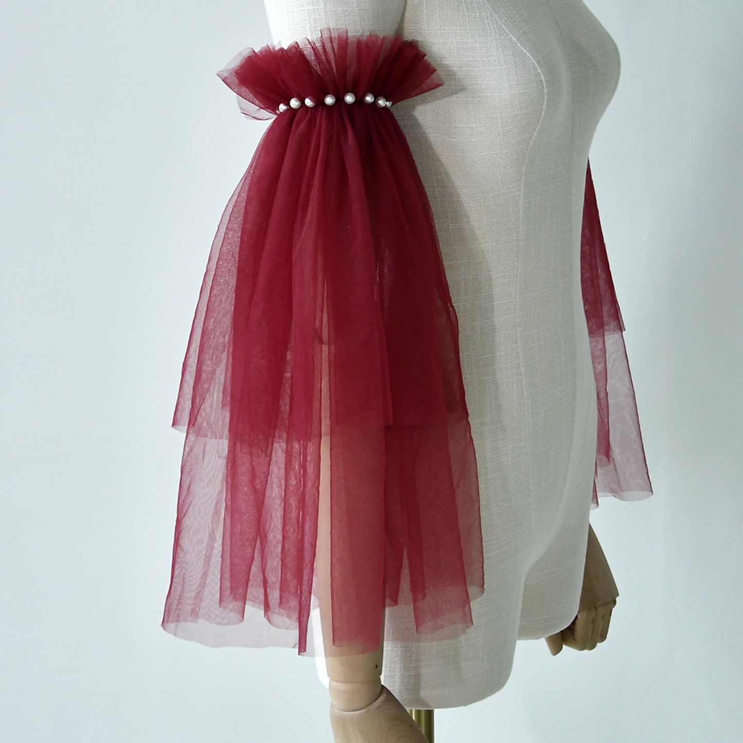 Burgundy Fingerless Bridal Gloves Pearl Sleeve Wedding Party Prom Gloves - Bridella BMM20A