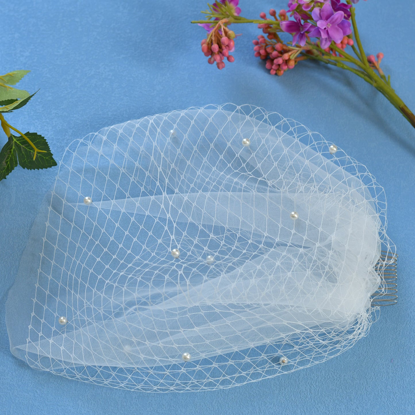 White Beaded Birdcage Bridal Veil Two Layer - Bridella BVA01
