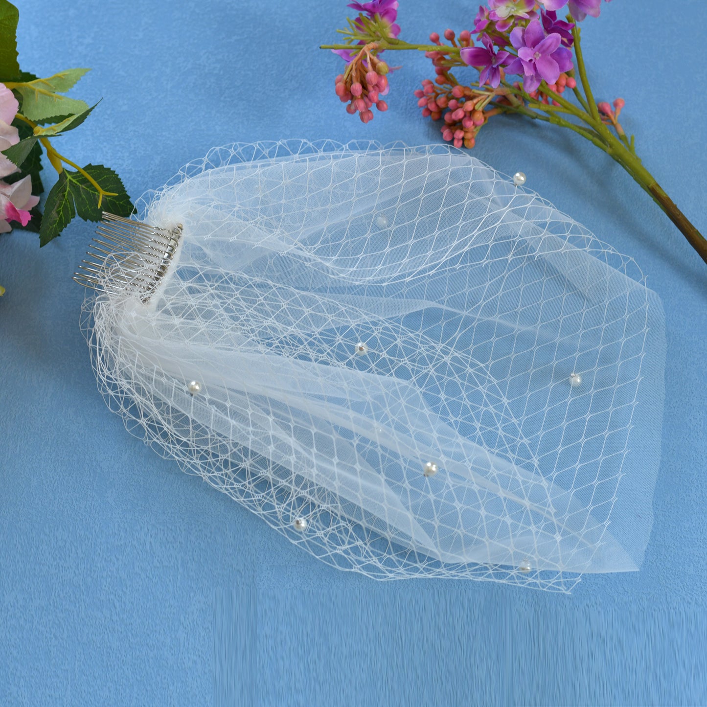 White Beaded Birdcage Bridal Veil Two Layer - Bridella BVA01