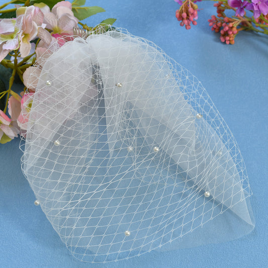 White Beaded Birdcage Bridal Veil Two Layer - Bridella BVA01