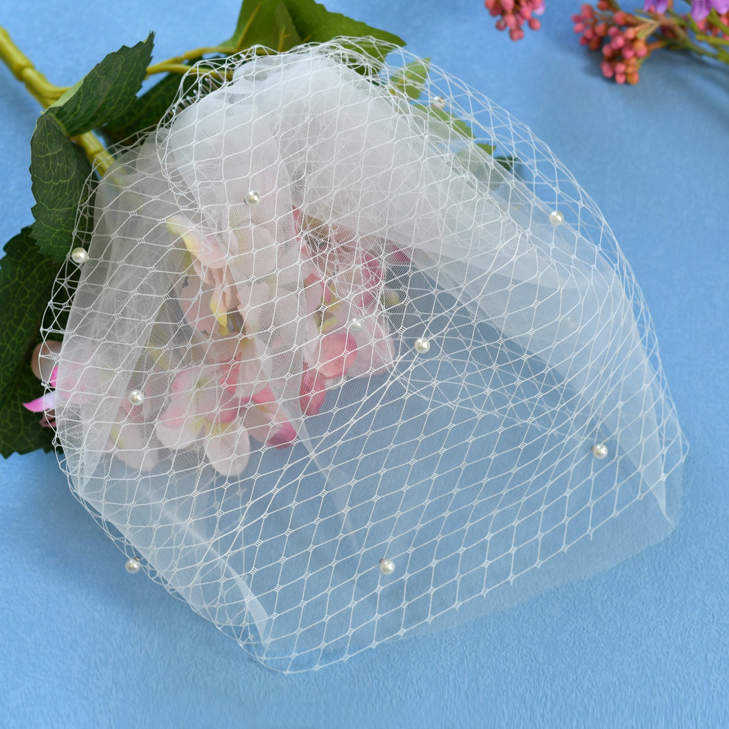 White Beaded Birdcage Bridal Veil Two Layer - Bridella BVA01