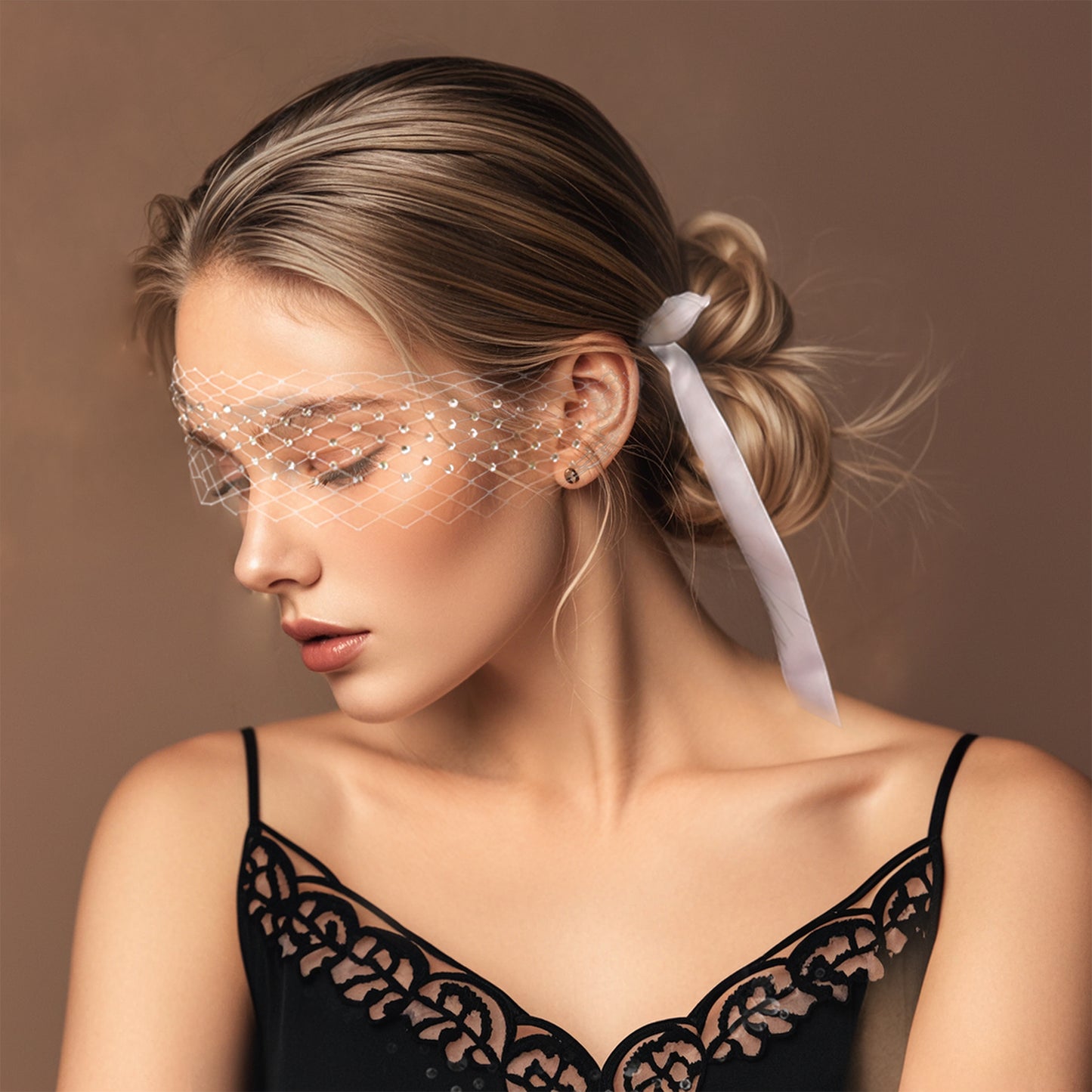 Rhinestone Bridal Face Veil Wedding Headband Veil - Bridella BMA53