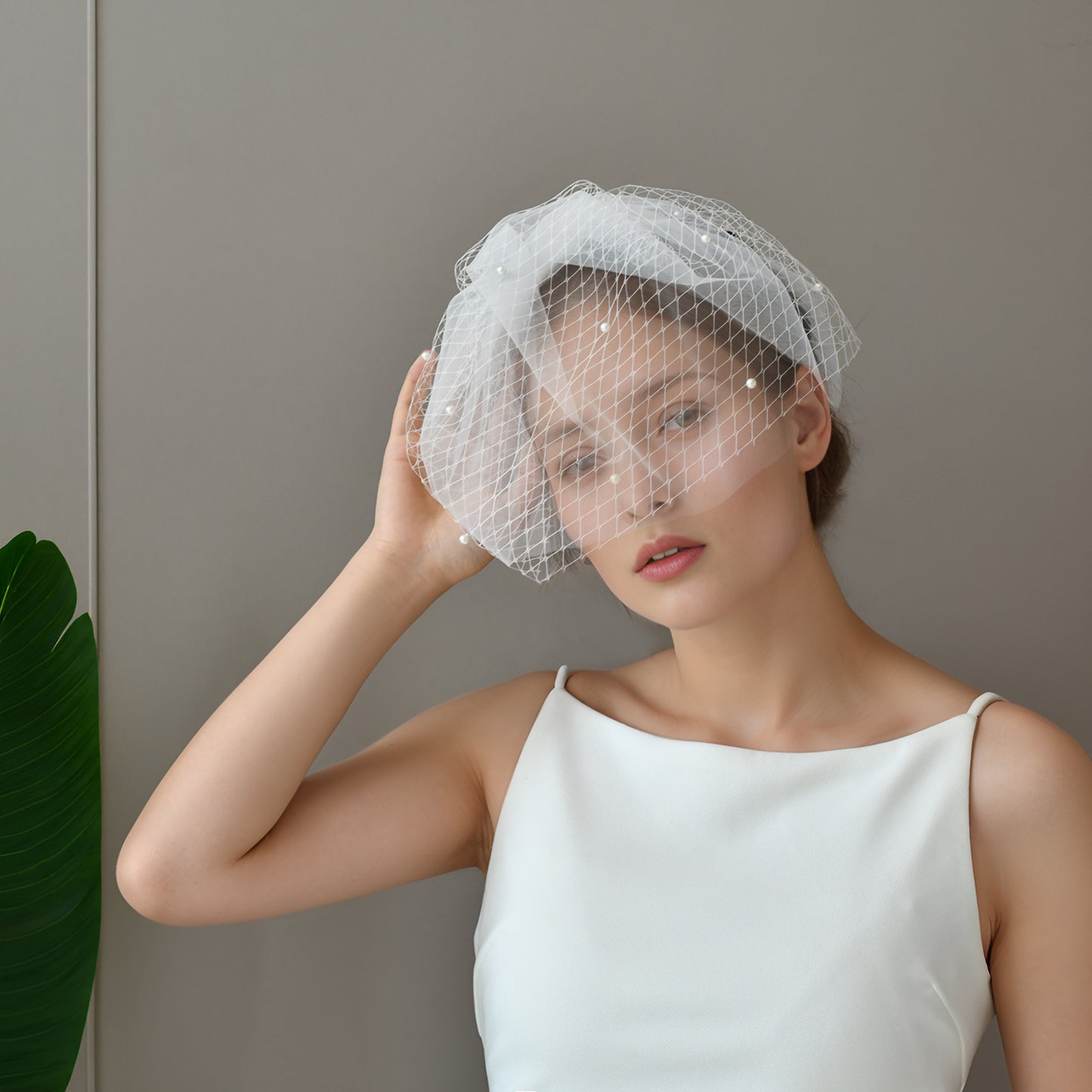 White Beaded Birdcage Bridal Veil Two Layer - Bridella BVA01