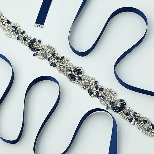 Navy Blue Rhinestone Bridal Sash Wedding Dress Belt – Bridella BS106ML