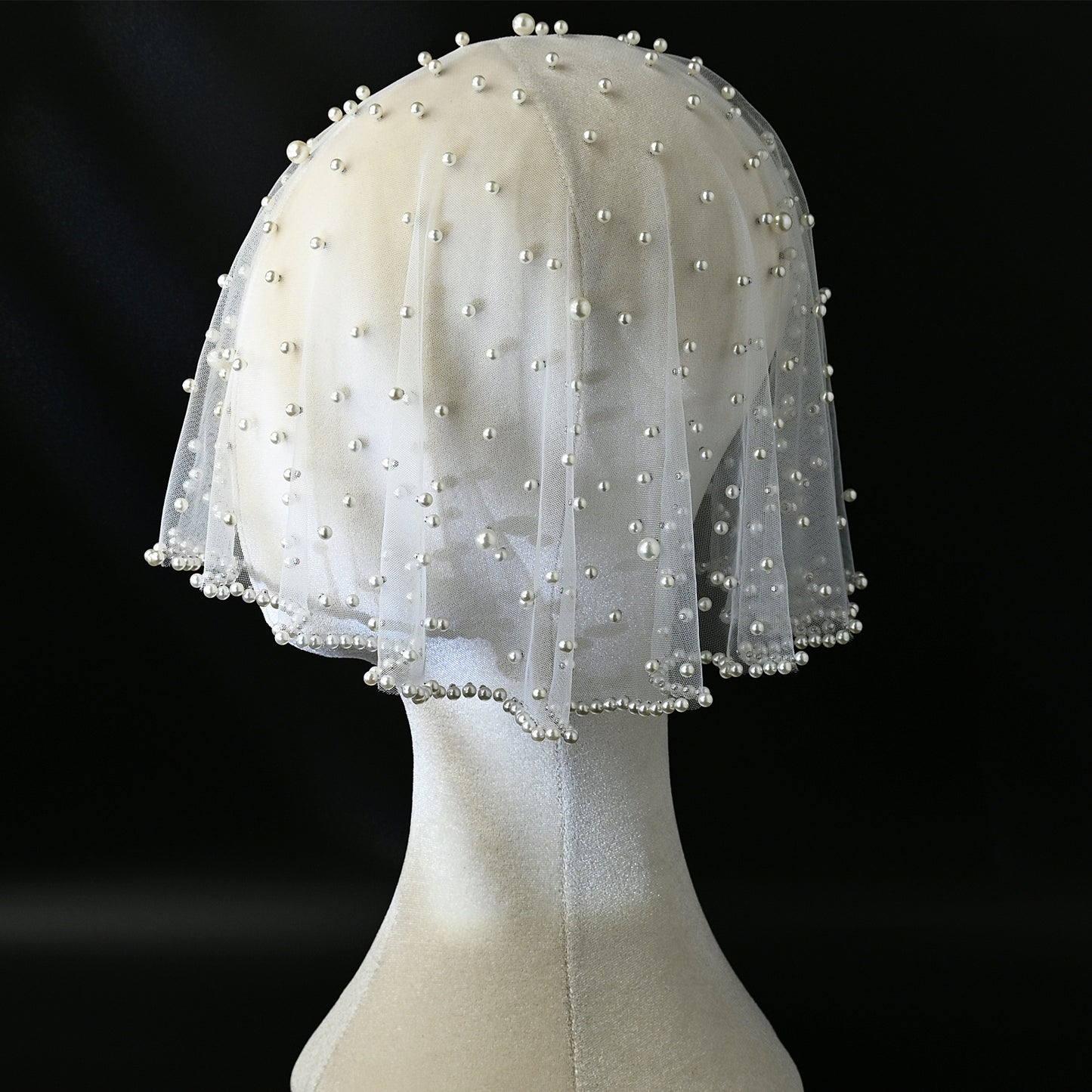 White Pearl Mesh Bridal Face Veil Short for Wedding - Bridella MA09-I