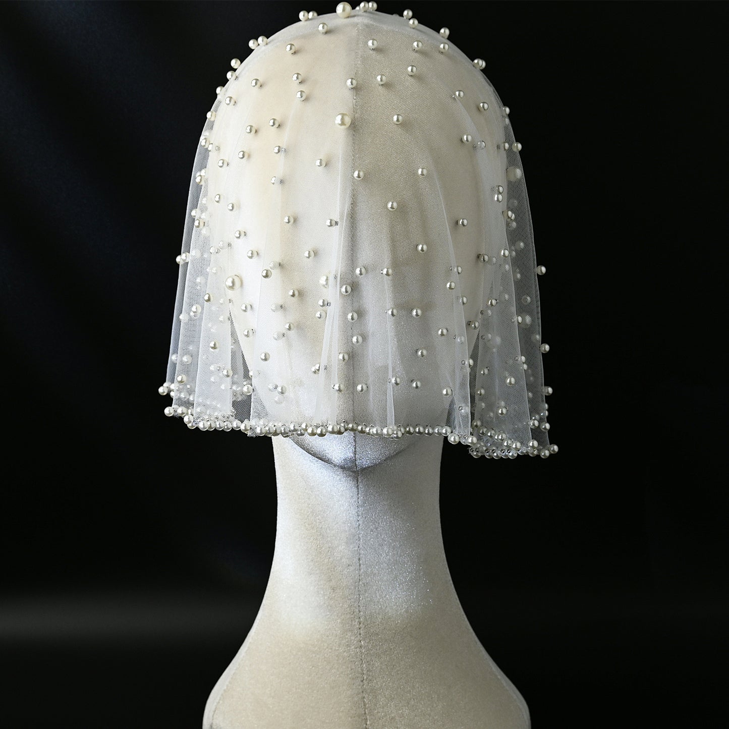 White Pearl Mesh Bridal Face Veil Short for Wedding - Bridella MA09-I
