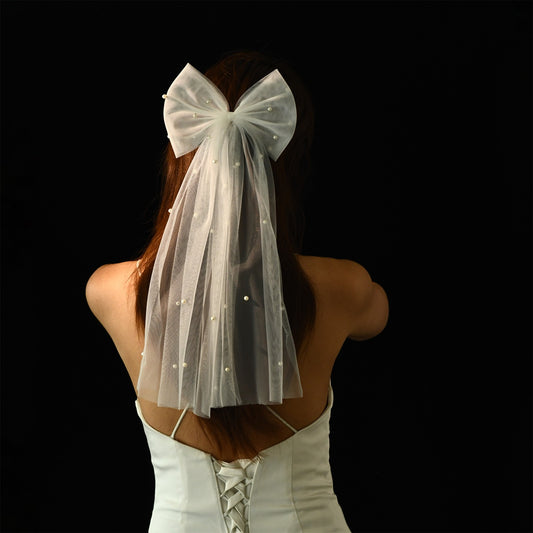 BRIDELLA BV04A Pearl Bow Bridal Veil Beaded Cream White Soft Yarn Wedding Party Hair Accessories