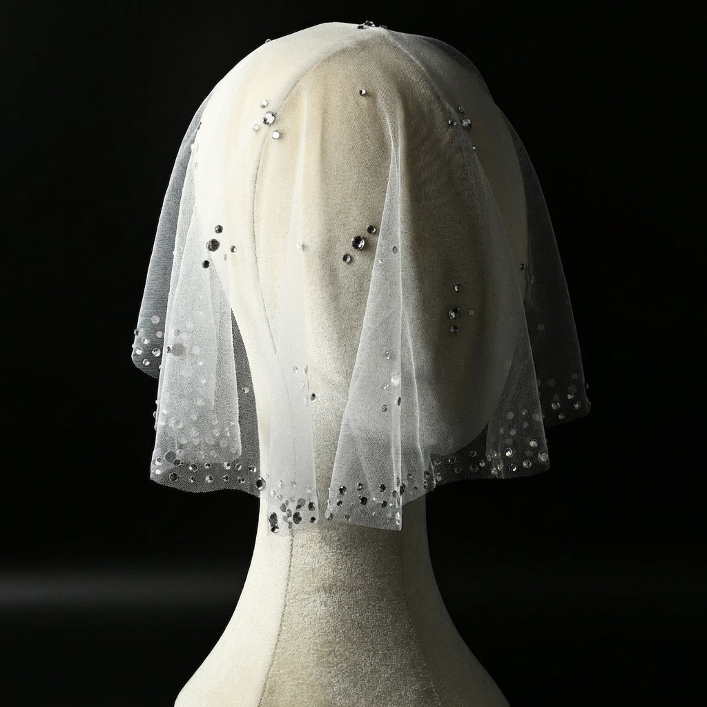 Ivory Rhinestone Mesh Bridal Face Veil Blusher Veil - Bridella BMA14-W