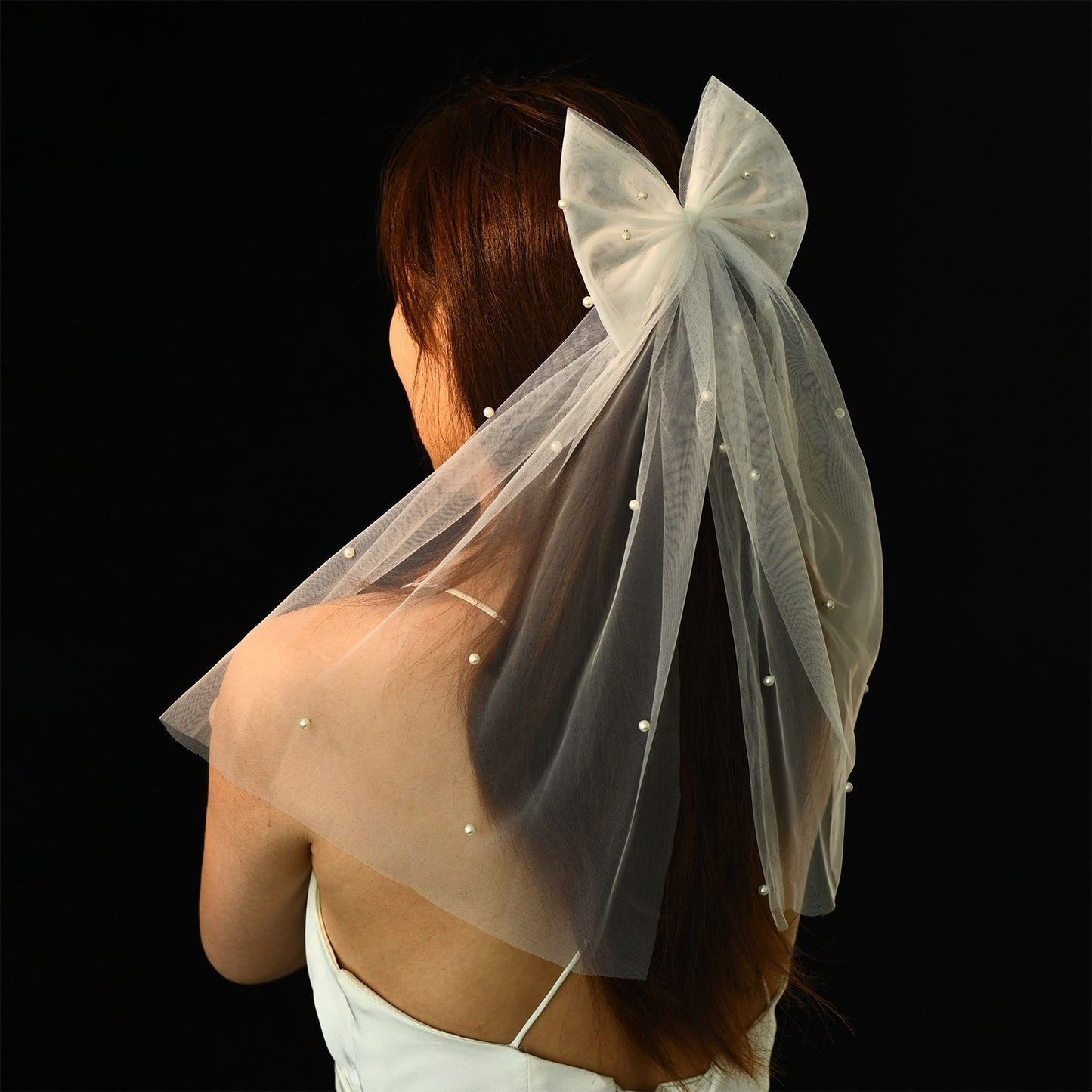 BRIDELLA BV04A Pearl Bow Bridal Veil Beaded Cream White Soft Yarn Wedding Party Hair Accessories