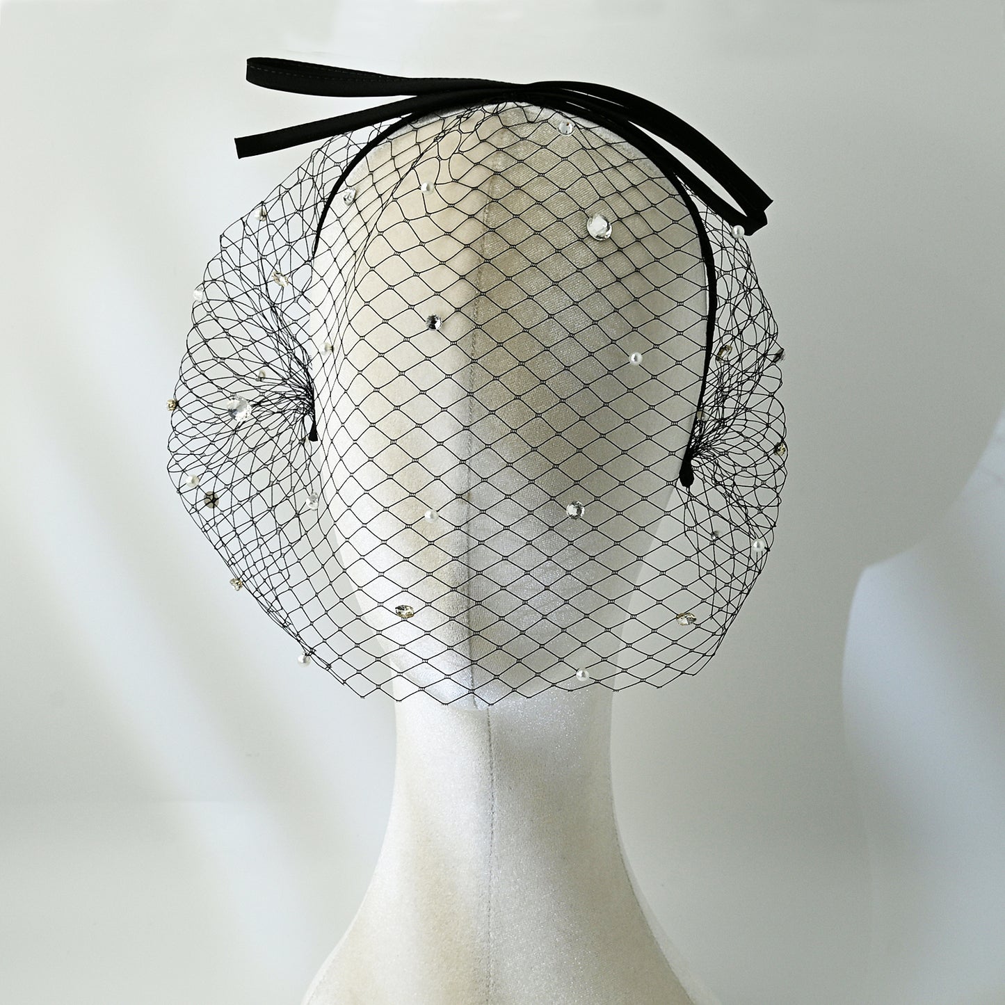 Black Pearl Bow Birdcage Bridal Blusher Veil Rhinestone Wedding Hair Veil - Bridella BMA12
