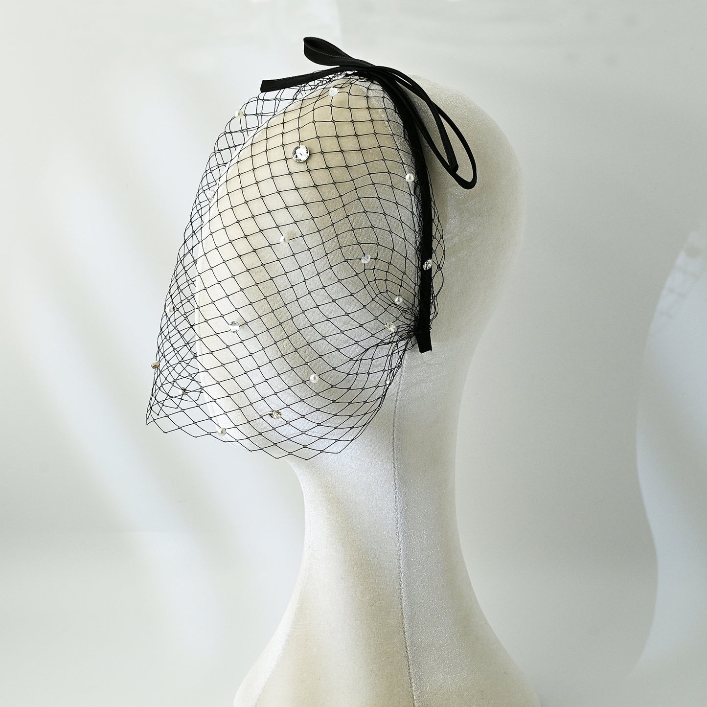 Black Pearl Bow Birdcage Bridal Blusher Veil Rhinestone Wedding Hair Veil - Bridella BMA12