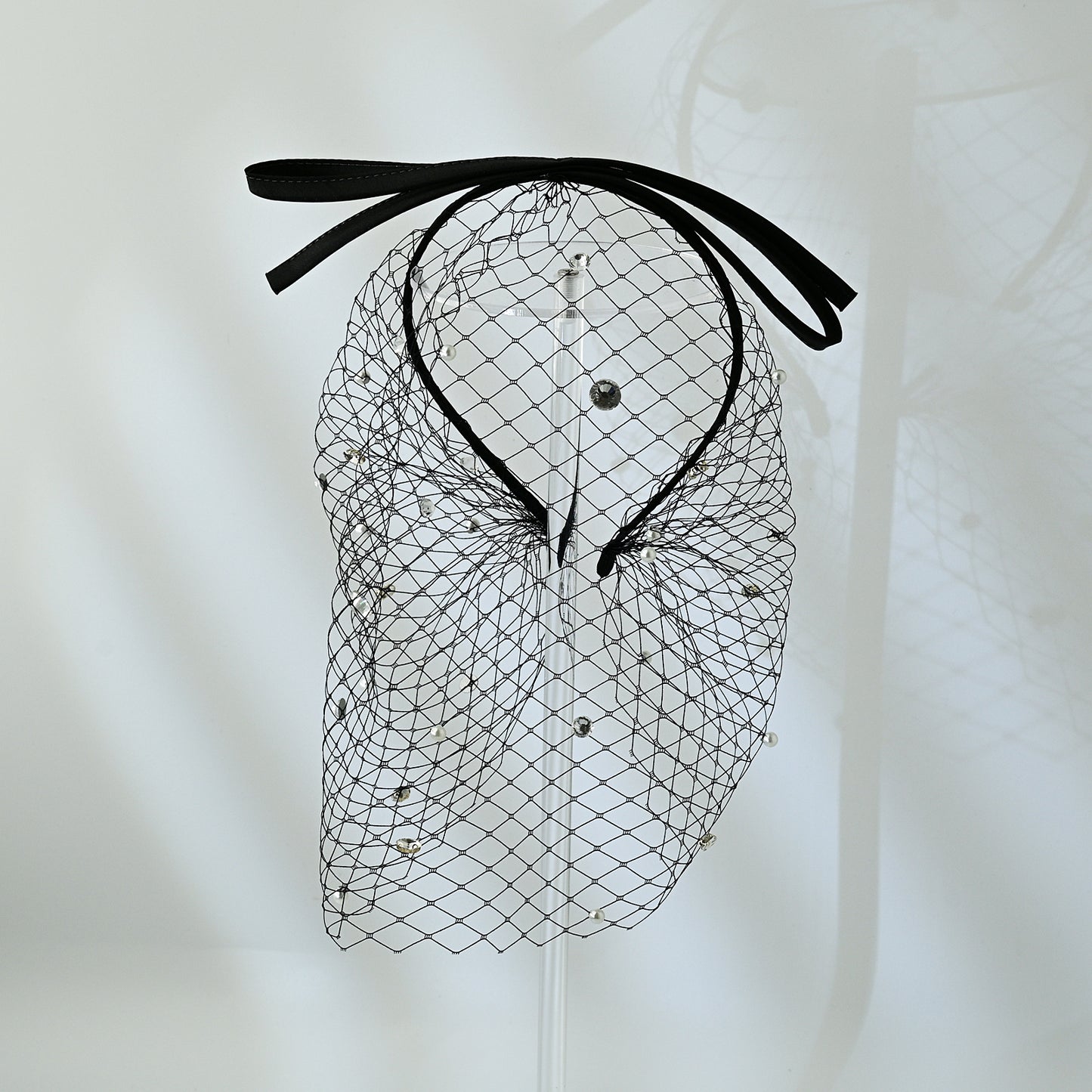 Black Pearl Bow Birdcage Bridal Blusher Veil Rhinestone Wedding Hair Veil - Bridella BMA12